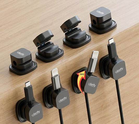 8 Pack Spring Cord Holder Clips [360° Rotatable, 1-Hand Use] — Adhesive Cable Clips for Nightstand, Desk, Wall & Kitchen | Phone Charger Cord Holder | No-Residue | Fits 2.5–8mm Cables