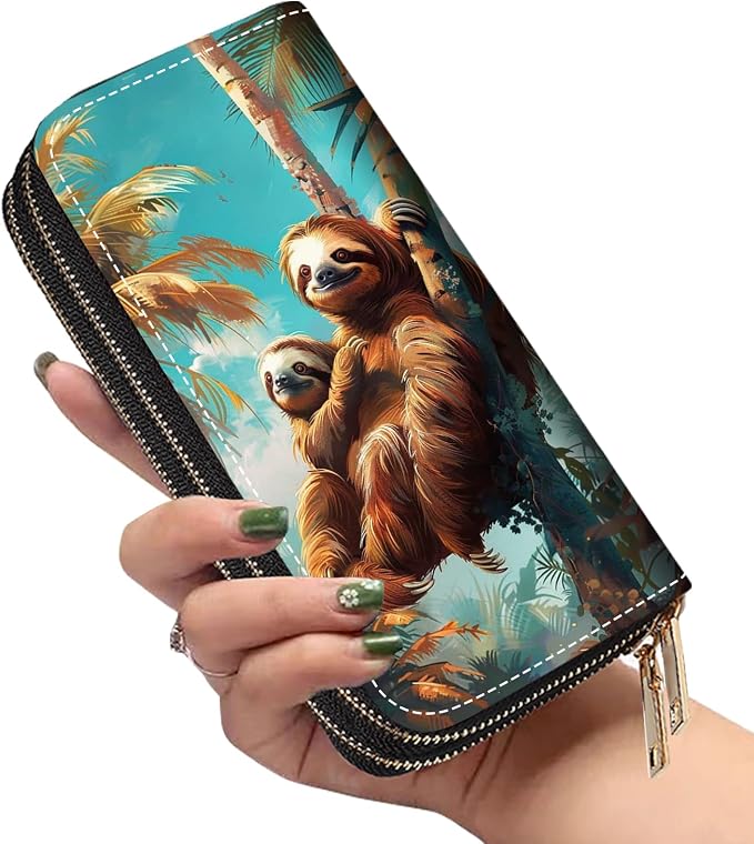 Women's Large Capacity Wallet PU Leather Double Zipper Clutch Purse Multifunctional Wallet with Removable Wristlet Strap for Smart Phone/Coin/Card/Cash, Sloth