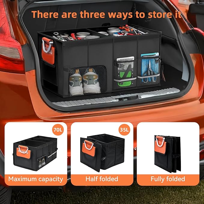 Car Trunk Organizer,Multiple Compartments Collapsible trunk organizer with Aluminum Alloy Handle and Lid, Car Organizer and Storage for SUV, Truck