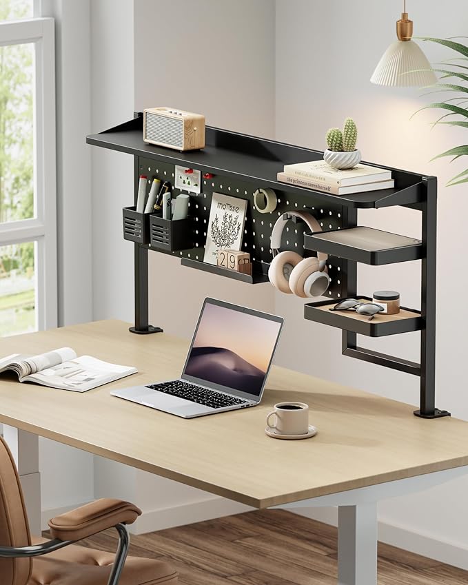 PEGZONE Clamp on Desk Shelf, 44" Desktop Shelving System with Pegboard and Accessories, Desktop Organizer with 2-Tier Shelf, Desk Pegboard for Office Home Gaming, Black