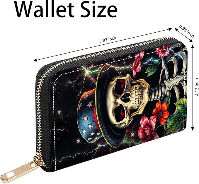Funny Skull Flower Print Women Large Capacity PU Leather Zip Around Wallet, Multifunctional Clutch Purse for Cash/Card/Coin/Smart Phone