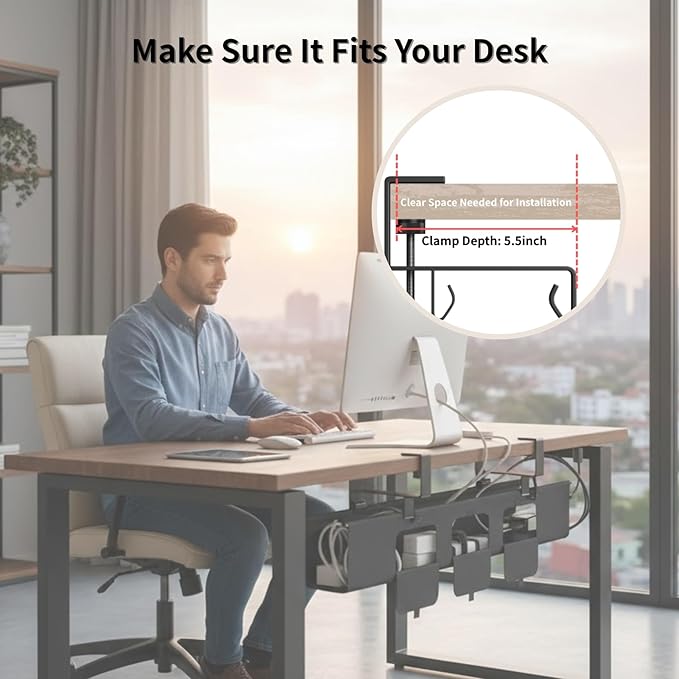 Under Desk Cable Management Tray, 36” Fabric No Drill Clamp Mount Cord Organizer for Desk, Heavy Duty Wire Management for Office Home, Black