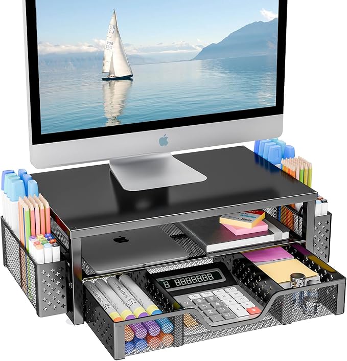Simple Trending Desk Organizer and Accessories, 2-Tier Computer Monitor Stand Riser with Drawer and 2 Pen Holders for Office Supplies, Black