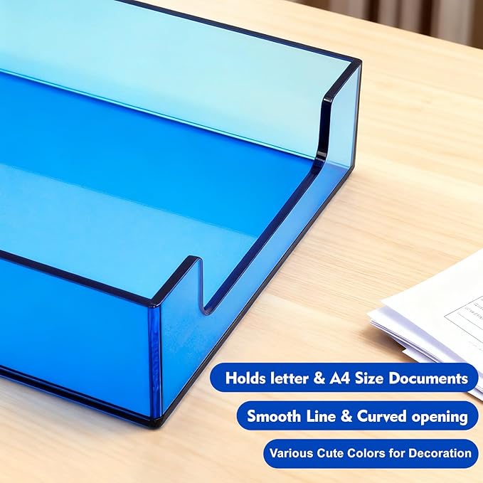 Paper Tray Acrylic File Organizer for Desk Letter Tray Desk Organizer Document Holder Sorter Storage for A4 Office Supplies Magazines, 13.8x10.6x2.4 Inches, Blue