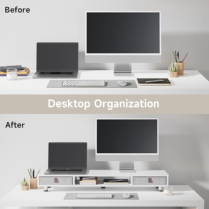 Fenge Dual Monitor Stand with 2 Drawers, 42.5 Inches Large Computer Riser for Desk, Adjustable Height Desk Shelf with Storage for Laptop, PC, TV, Printer