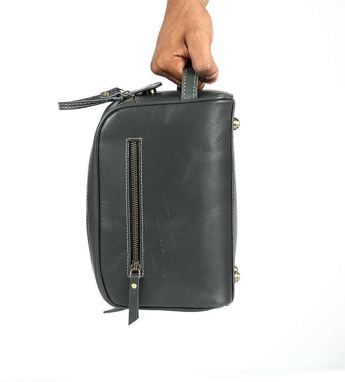 KomalC Leather Toiletry Bag for Men & Women – Handcrafted Travel Grooming Kit with Water-Resistant Lining and Secure Zipper Closure