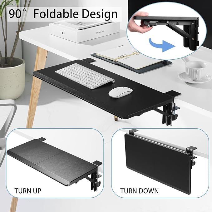 ETHU Ergonomics Desk Extender Tray, 25.6"x11.4" Large Size Foldable Keyboard Extender Tray Clamp On, Armrest Support for Home and Office (Black)
