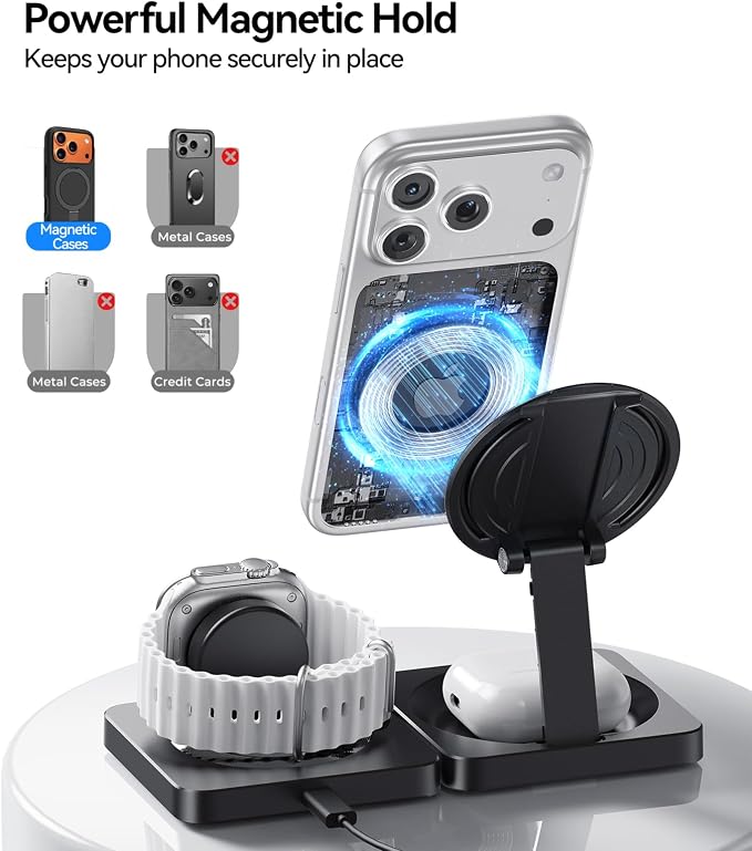 Wireless Charger for iPhone, 3-in-1 Magnetic Charging Station for Apple Device, MagSafe Charger Stand for iPhone 17 16 15 14 13 12 Series, Apple Watch Ultra, Airpods Pro, Foldable, Black