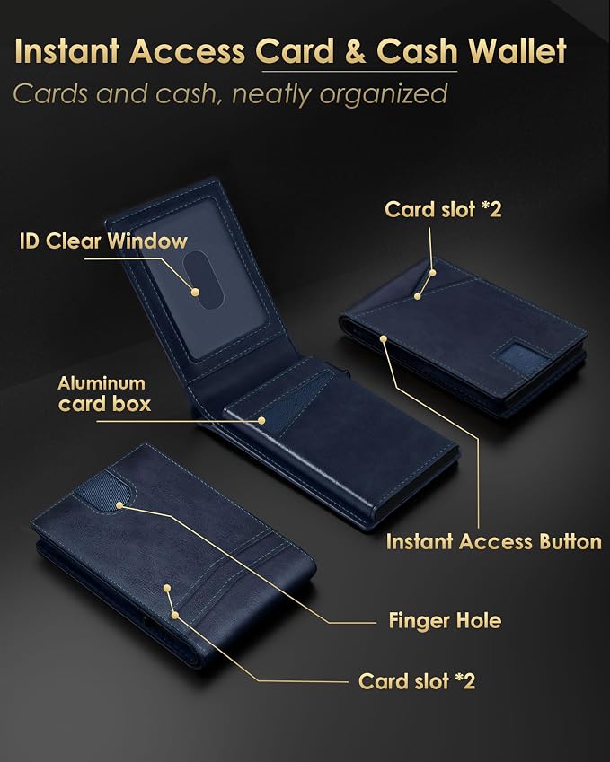 QLD Wallet for Men - RFID Blocking [Functional & Practical] Bifold Slim Minimalist Credit Card Holder Pop Up Metal Case with Cash Slot, Front Pocket with ID Window, Gift Boxed