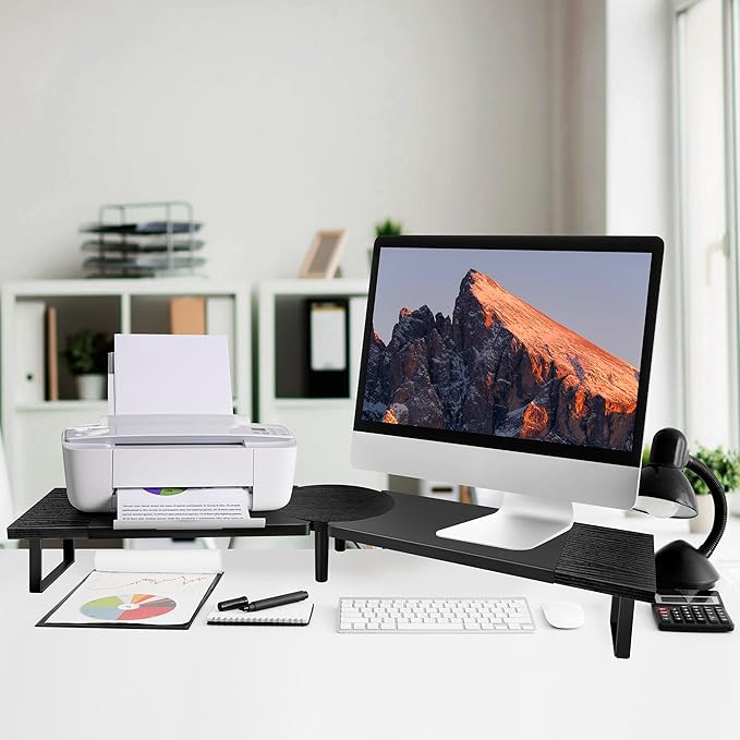 Dual-Monitor Stand for Desk - Large Adjustable Length and Angle Riser for 2 Monitors, Double Computer Desktop Organizer, Shelf for TV, Laptop, Printer