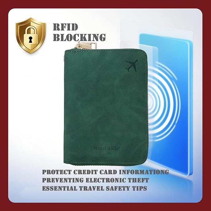 Passport Holder with Tether and Carabiner Clip to Prevent Loss and Theft, Rfid Passport Holder for Travel, Passport Cover, Wallet & Case for Men and Women (Green - Tether and Carabiner)