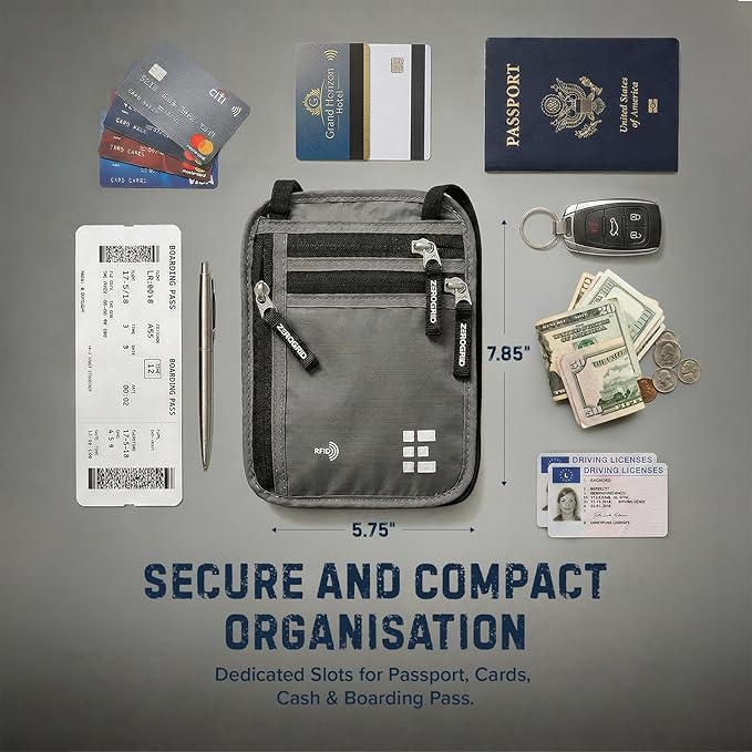 Neck Wallet for Travel & Passport Holder with RFID Blocking - Slim & Easy to Conceal Nylon Travel Pouch for men & women - Holds Phone, Cash, Cards, Keys - Sweat & Water Resistant - Large - Light Grey