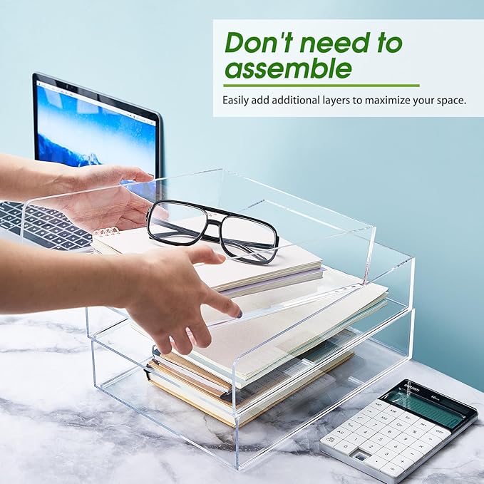 Harloon 4 Tier Paper Organizer Letter Tray Acrylic Desk File Organizer Stackable Documents Letter Clear Paper Holder Sorter Office Tray for A4, Modern Office Classroom Home File Pad Books Notes