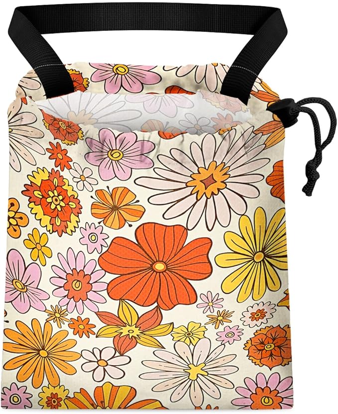Car Trash Bag Hanging Back of Seat Waterproof Small Cute Printed One-Handed Strap Drawstring Garbage Bags for Car-Colorful Flower