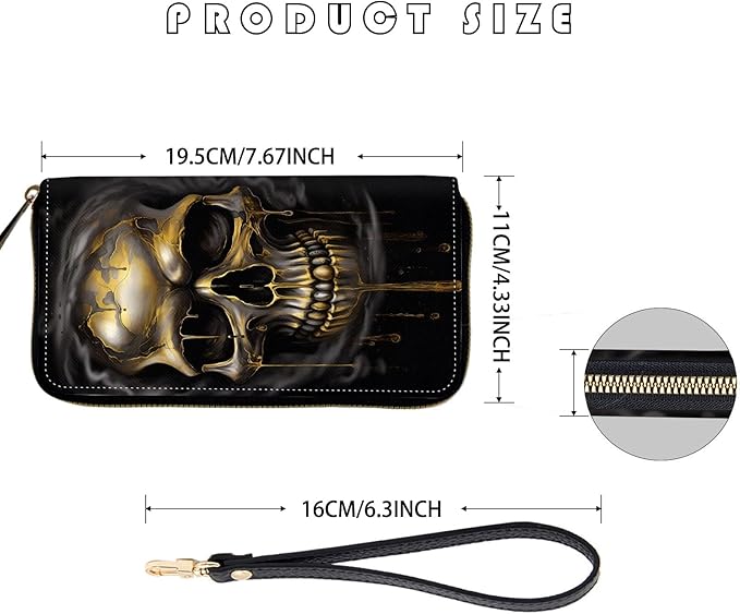 Women's RFID Blocking Zip Around Wallet with Detachable Wrist Strap, Large Capacity Credit Card Holder Organizer for Everyday Use,Funny Skull