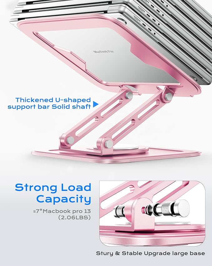 LOXP Adjustable Laptop Stand, Computer Stand with 360 Rotating Base, Ergonomic Laptop Riser Mount for Desk Foldable Protable Computer Desk Fits with MacBook Pro Air (10-16") - Pink