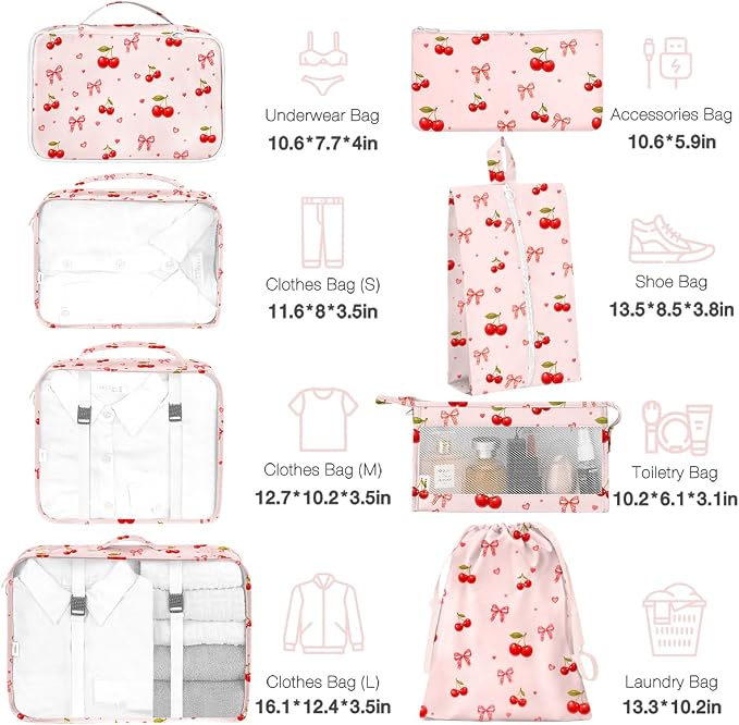 Packing Cubes for Travel,8 Set Luggage Organizer Bags with Mesh Top Panel, Lightweight Suitcase Organizers for Carry On, Family Vacation, Business Trip(Cherry Bows)