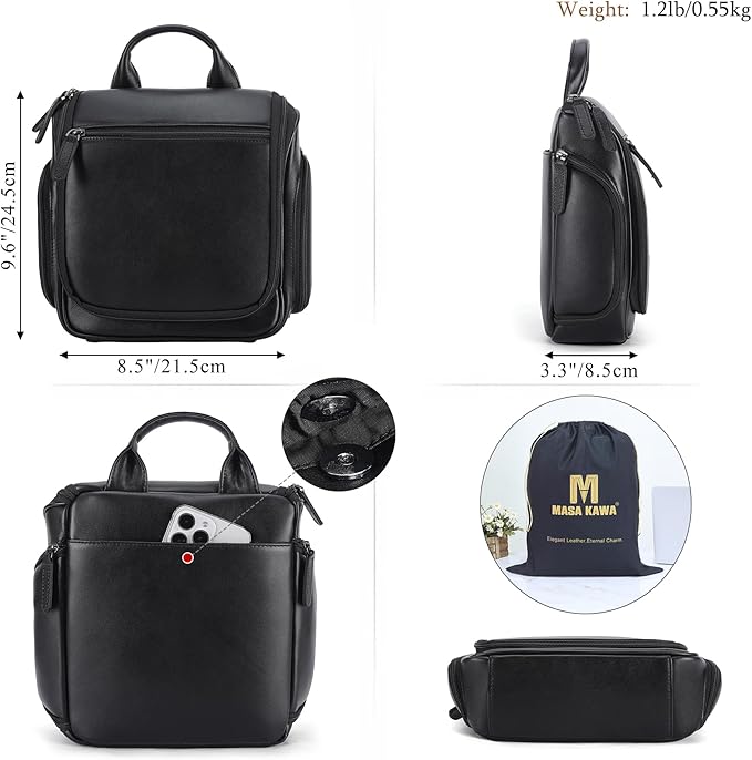 Masa Kawa Leather Hanging Travel Toiletry Bag for Men Portable Expandable Camping Cosmetics Makeup Toiletries Organizer Waterproof Bathroom Shaving Kit Black Wash Bags