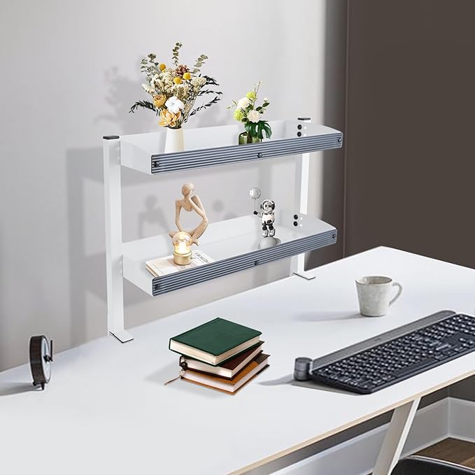 Clamp on Desk Shelf for Working Accessories, 2 Tier Office Desk Shelves Organizer with 2 Mounting Forms, Desktop Supplies Storage Rack with Steel Tray, Heavy Duty Desk Organizers, White