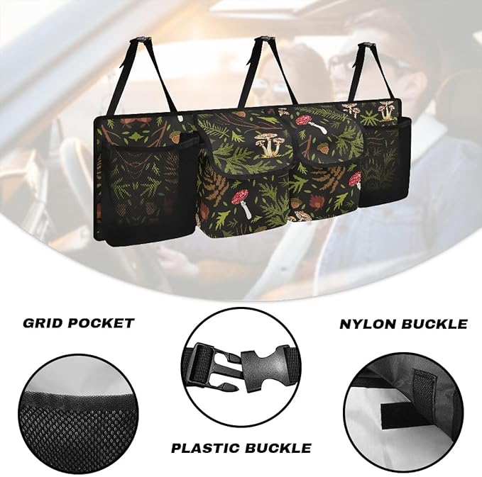 Wild Mushroom Printed Hanging Car Trunk Storage Organizer Car Interior Accessories with 4 Pockets & 3 Adjustable Stras for Grocery Your Space Saving Expert
