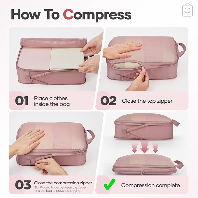 Veken 11 Set Compression Packing Cubes for Travel Essentials,Compressible Expandable Large Luggage Suitcase Organizer Bags for Clothing,Durable Space Saver Storage Bags with Toiletry Bags(Light Coral)