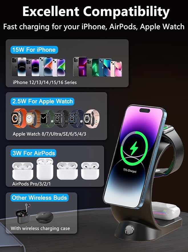 3 in 1 Wireless Charging Station, [6-Color RGB Light] 15W Fast Magnetic Wireless Charger Stand for Multiple Devices Apple, for iPhone 17/Air/16/15 Pro Max, for iWatch 2 to 9