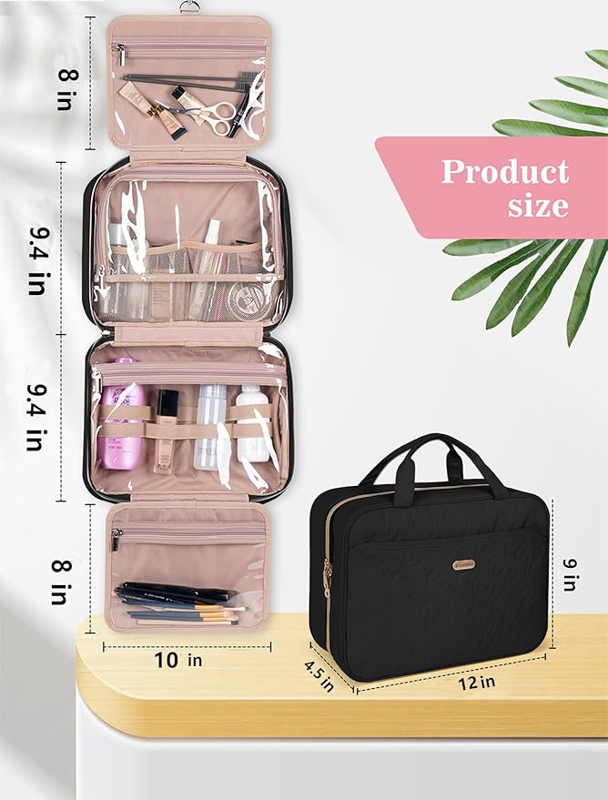BALULHG Black Toiletry Bag, Makeup Organizer, Travel Bag For Women Mens Toiletries, Waterproof with Hanging Hook, Large Capacity