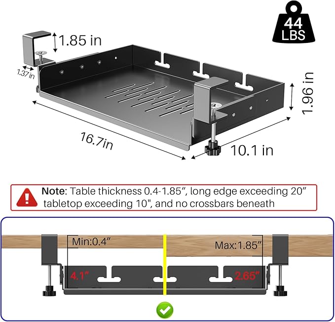 No Drill Under Desk Laptop Mount, Metal Under Desk Storage Shelf with Cable Management, Laptop Storage Tray for MacBook, Keyboard, Mac Mini, Anti-Scratch Silicone, Fits Office, Gaming, Workstations
