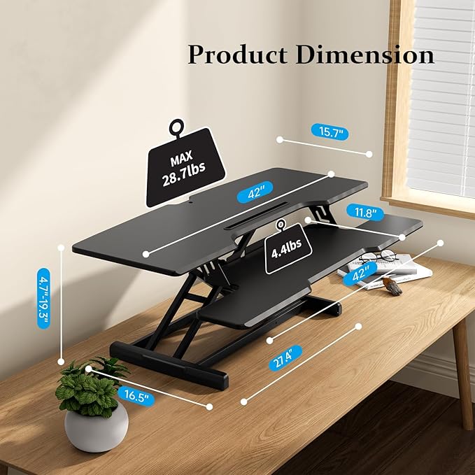 42 inch Standing Desk Converter, Height Adjustable Desktop Standing Desk with Keyboard Tray for Two Monitors, Sit to Stand up Desk Riser Computer Workstation for Home Office, Black