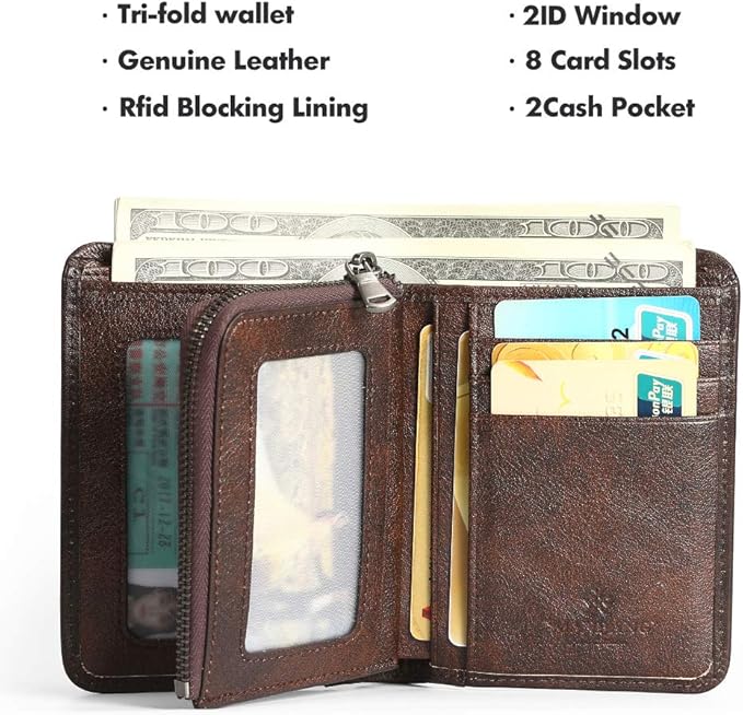 MANBANG Mens Wallet Zipper Genuine Leather RFID Card Holders Cowhide Zip Coin Pocket Bifold wallets for men