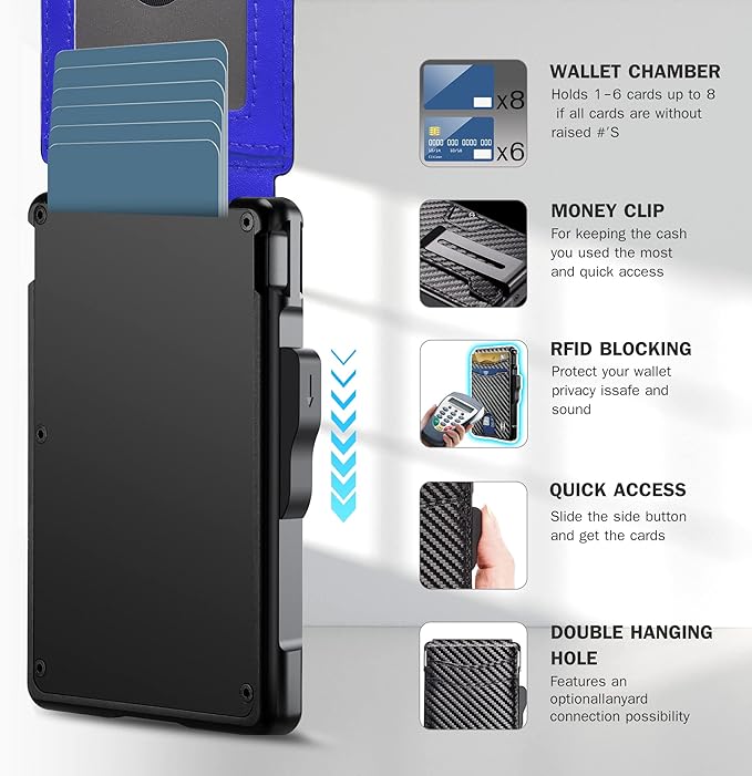 umoven Wallet for Men - with Money Clip Slim Leather Slots Credit Card Holder RFID Blocking Bifold Minimalist Wallet (Carbon Black and Blue)