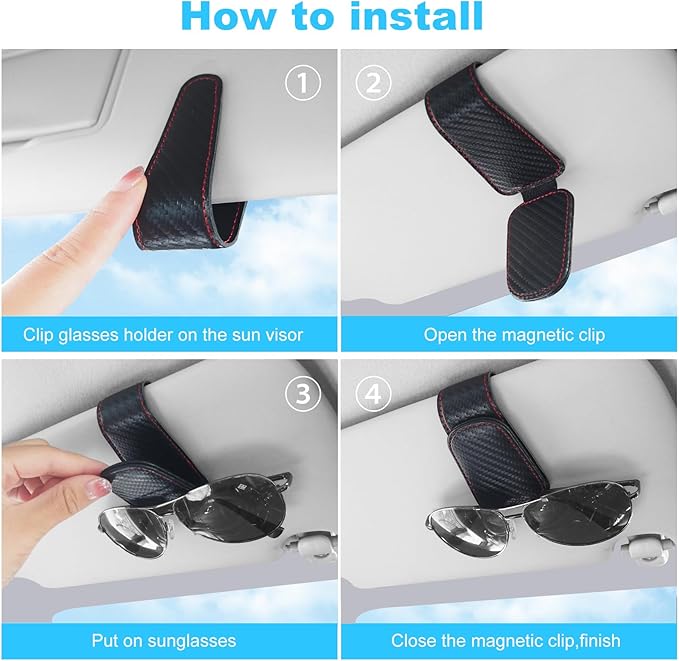 TCJJ Sunglasses Holders for Car Visor,Car Magnetic Glasses Holder Leather Sunglasses Clip and Ticket Card Clip Suitable for Car Interior Visor and Different Size Eyeglasses(Carbon Fiber/2)