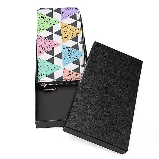 Unisex Zip Around Wallet for Adults Teens Colorful Triangles with Black Splash Geometric Pattern Coin Pouch Cash Pocket PU Leather Wallets Card Holder Organizer Designer Purse with Wristlet Strap