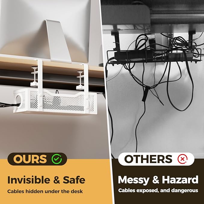 4 Pack Under Desk Cable Management Box White, Cinati 53.6" Wire Organizers No Drill, Cord Organization Tray with Clamp for Office, Home - No Damage to Desk