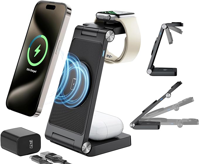 Magnetic Wireless Charging Station, 3 in 1 Fast Max Charging for Smartphone,Watch,TWS - Space-Saving Multi-Device Stand (Black)
