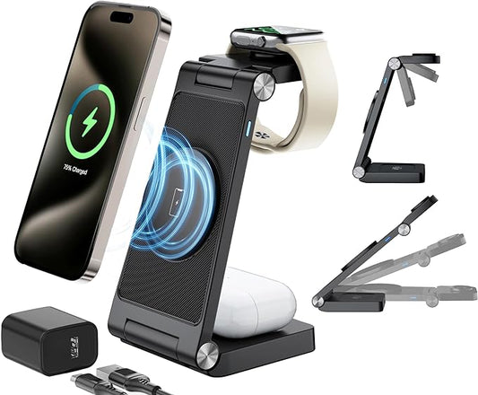 Magnetic Wireless Charging Station, 3 in 1 Fast Max Charging for Smartphone,Watch,TWS - Space-Saving Multi-Device Stand (Black)