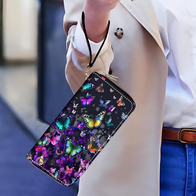Women's Large Capacity Wallet PU Leather Double Zipper Clutch Purse Multifunctional Wallet with Removable Wristlet Strap for Smart Phone/Coin/Card/Cash, Colorful Butterfly