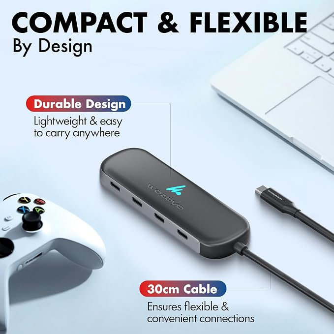 Type C to 4 in 1 Type C Hub, Wozoyo 4XType C 5 Gbps, Data Transfer Upto 5Gbps, Plug & Play, Multiport Type C Hub with 30cm Cable, Compatible with MacBook, Tablet, Smartphones and Type C Devices