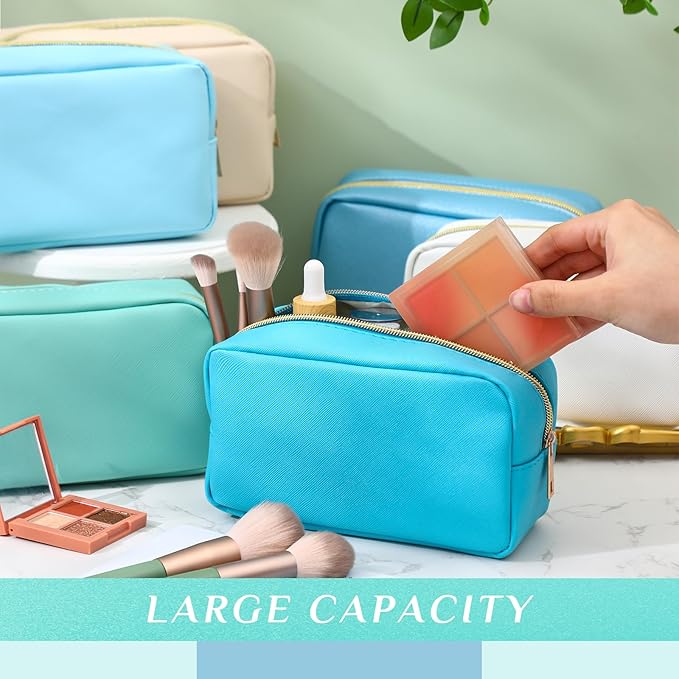 Sweetude 10 Pcs Makeup Bag Bulk for Women Preppy Gift PU Leather Cosmetic Bag Small Skincare Toiletry Pouch Mother Travel Cosmetic Pouch for Bridesmaid Bride Wedding Gift Favors (Blue Green Yellow)