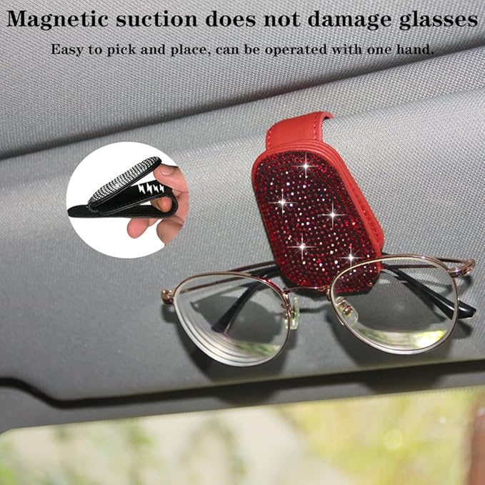 ACODABLEM Bling Car Glass Holder Sun Visor, Bling Crystal Rhinestone Sunglasses Magnetic Holder Mount Universal Eyeglasses Hanger Clip, Ticket Card Clip for Car, Car Sun Visor Accessories (Red)