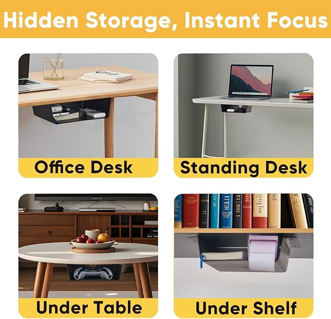 2 Pack Under Desk Hanging Shelf Drawer Organizer, Attachable Plastic Hidden Storage Tray, Easy Adhesive Mount Holder for Standing Tables, Office, Counters, Cabinets, Workstations - Black