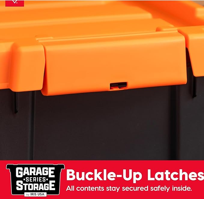 IRIS USA 20 Gallon Lockable Storage Bins with Lids, 2 Pack - Made in USA, Heavy Duty, Stackable Containers, Garage Organizing Bins Moving Tubs, Rugged Sturdy Equipment Utility Box - Black/Orange