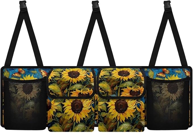 Sunflower Print Car Trunk Organizer Hanging Detachable Car Backseat Storage Bag Foldable Multipurpose Storage Bag for Automotive Trunk Storage and Decoration