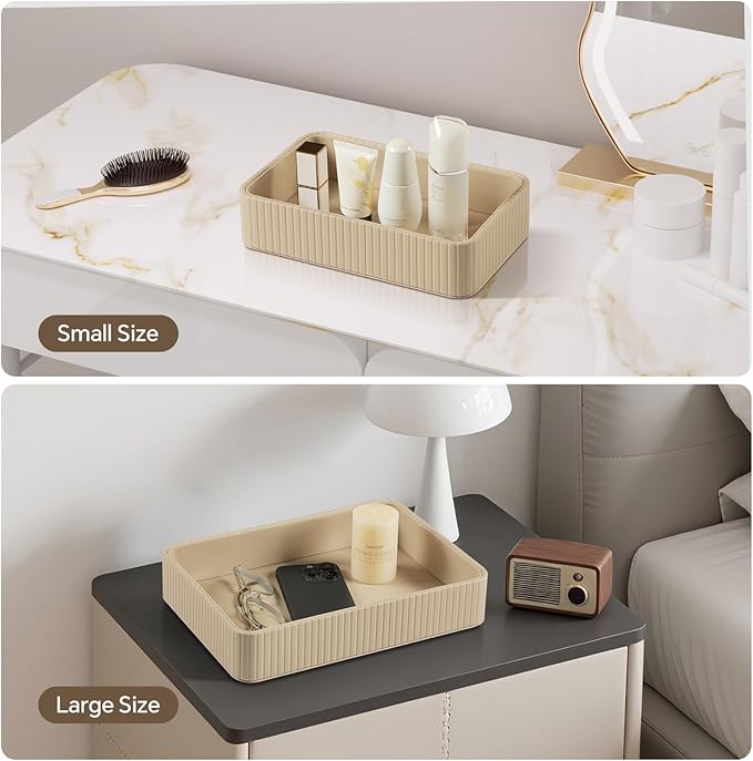 Desk Organizer Tray, PU Leather Nightstand Organizer Perfume Valet Tray for Men Women, Decorative Vanity Trays Trinket Dish Key Bowl for Entryway Table (2pcs, Beige, Large+Small)