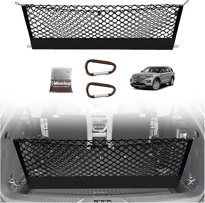 Muslogy Truck Bed Cargo Net Trunk Netting Compatible with 2020-2024 2025 2026 Ford Explorer Accessories, Pickup Cargo Organizer SUV Sedan Storage Net w/Heavy Duty Carabiners