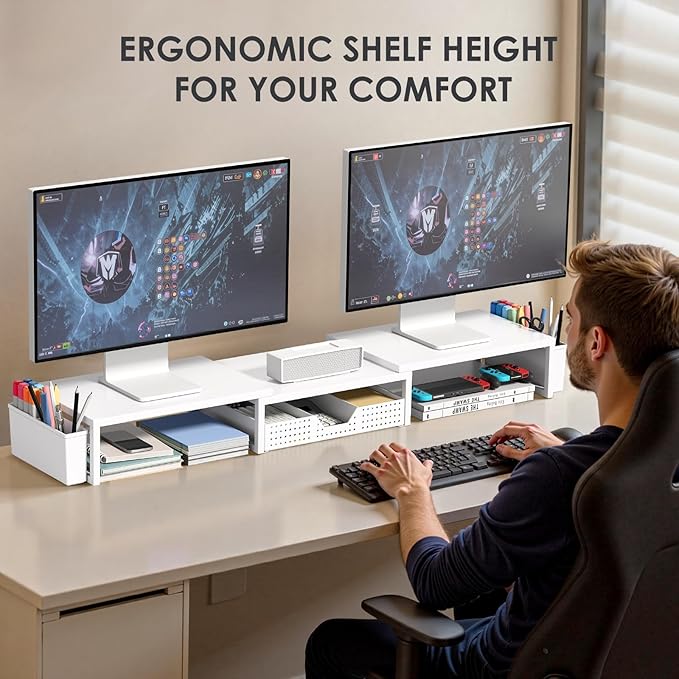 OPNICE Desk Organizers and Accessories, Dual Monitor Stand Riser with Drawer and 2 Pen Holders, Desk Shelf Metal Computer Racks for Office Workspace Organizers, Desktop Organization (White Metal)