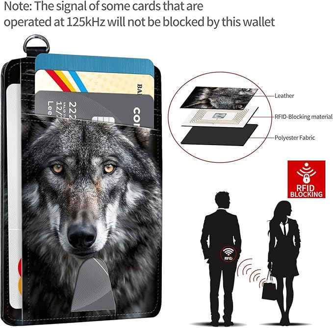 Slim RFID Blocking Card Holder Wallet with Wrist Strap - Minimalist Front Pocket Wallet, Grey Wolf 03 Design, PU Leathe, for Men & Women, Ideal for Travel & Gifts