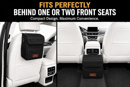 LuxMotive Car Trash Can – 3 Gallon Leakproof Waterproof Auto Trash Bin, Hanging Car Garbage Container with Lid & Storage Pockets, Foldable Car Organizer for Vehicle Interior (Black)
