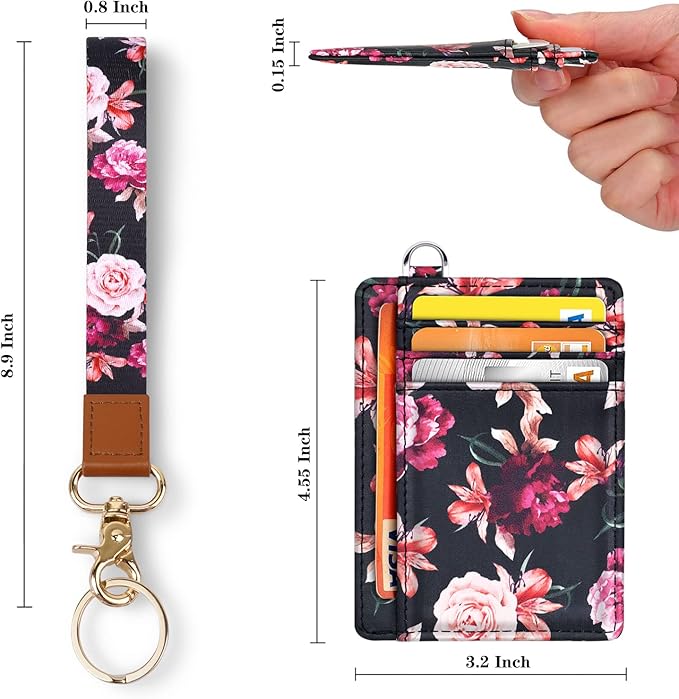 Coco Rossi Slim Front Pocket Wallet RFID ID Card Holder Cute Small Wallet with Wrist Lanyards Key Chain Holder for Women,Black Flowers