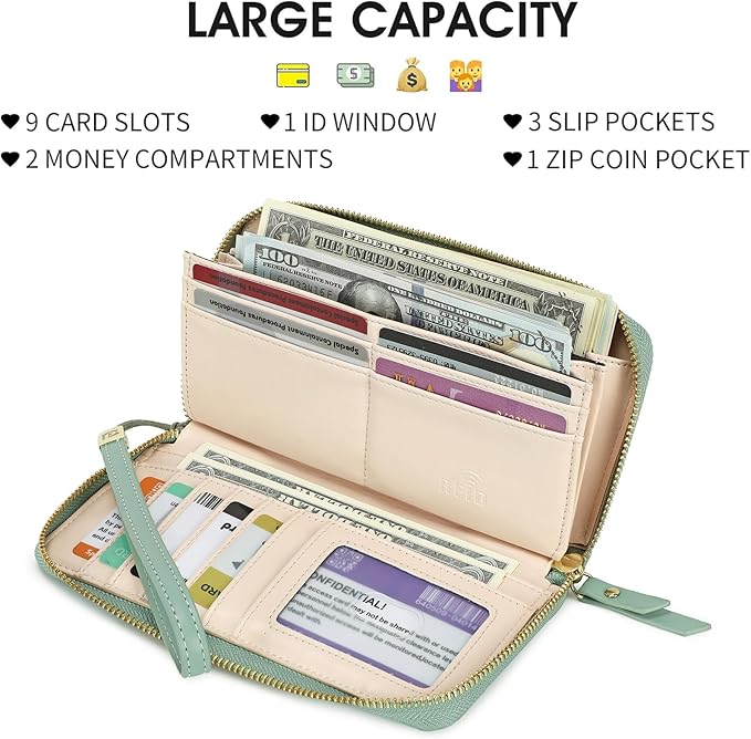 Pomelo Best Womens Wallet RFID Blocking Leather Multi Credit Card Large Capacity Wristlet Zip Around Long Wallets for Lady